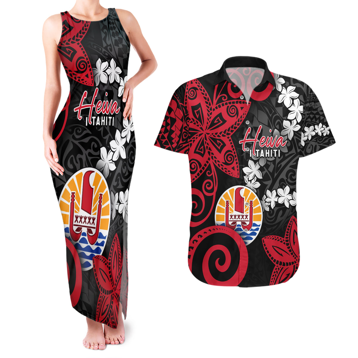 Tahiti Heiva Festival Couples Matching Tank Maxi Dress and Hawaiian Shirt Floral Pattern With Coat Of Arms LT05 Black - Polynesian Pride