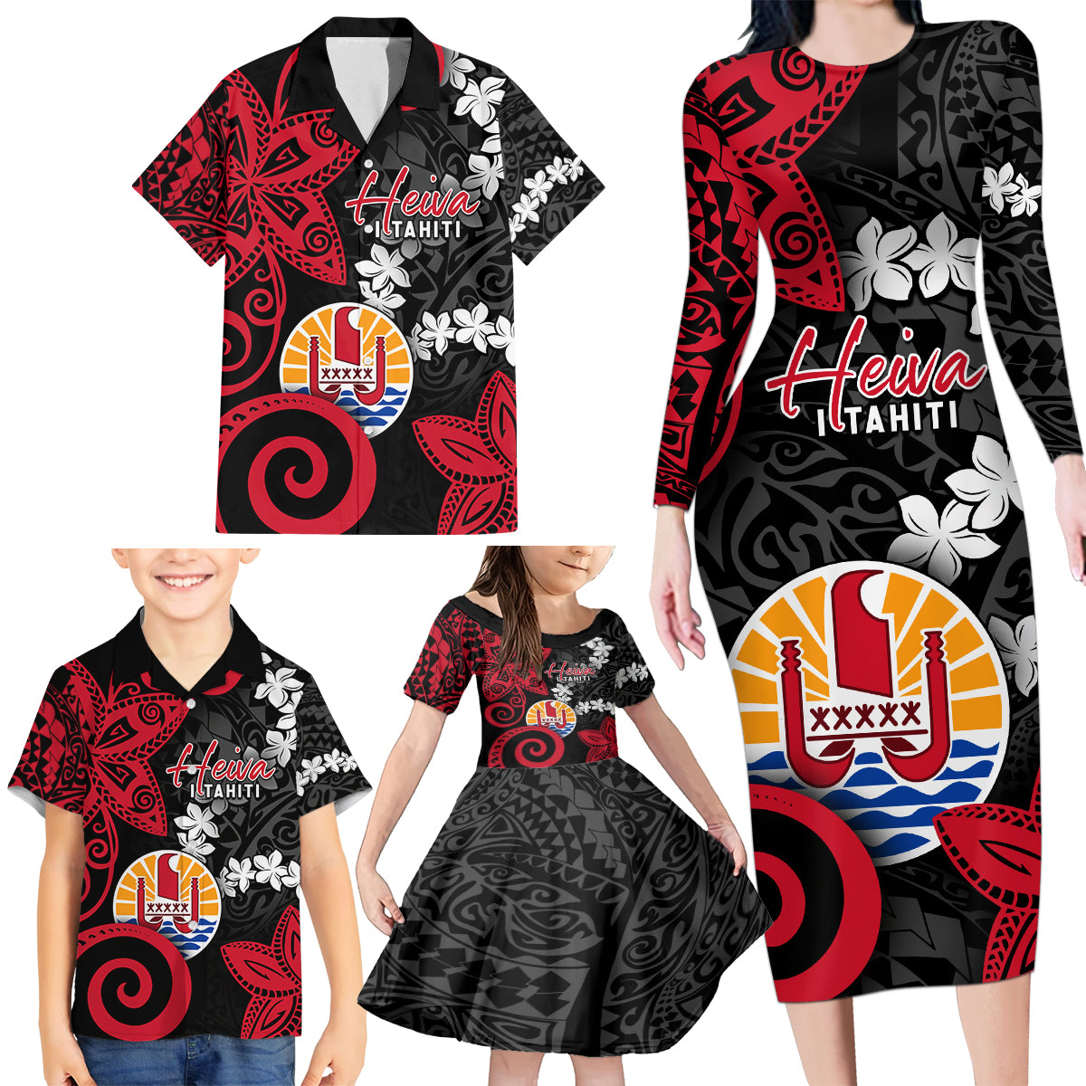 Tahiti Heiva Festival Family Matching Long Sleeve Bodycon Dress and Hawaiian Shirt Floral Pattern With Coat Of Arms LT05 - Polynesian Pride