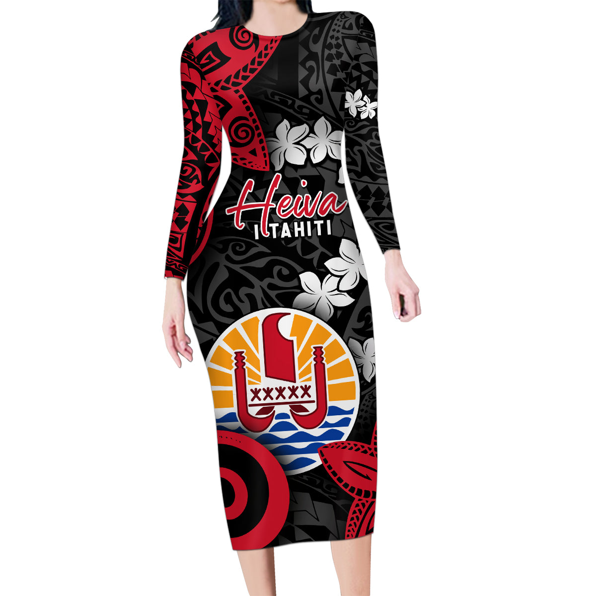 Tahiti Heiva Festival Family Matching Long Sleeve Bodycon Dress and Hawaiian Shirt Floral Pattern With Coat Of Arms LT05 Mom's Dress Black - Polynesian Pride