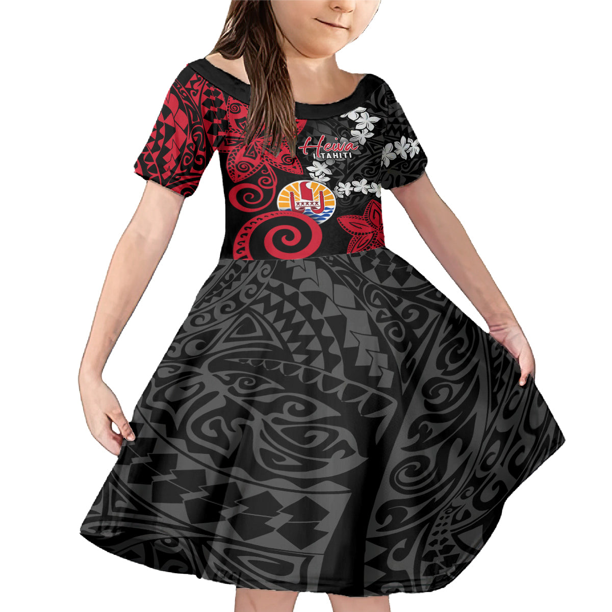 Tahiti Heiva Festival Family Matching Mermaid Dress and Hawaiian Shirt Floral Pattern With Coat Of Arms LT05 Daughter's Dress Black - Polynesian Pride