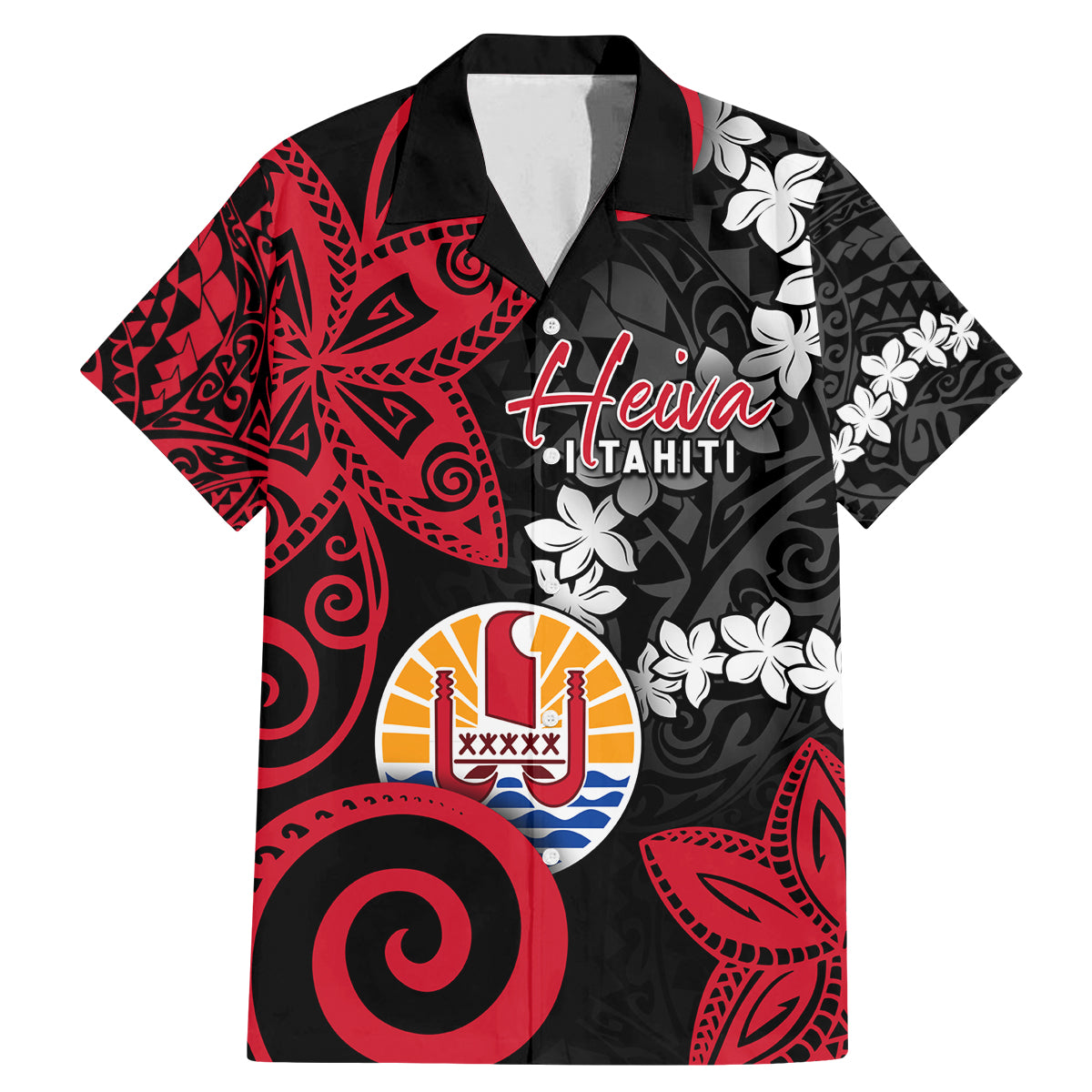 Tahiti Heiva Festival Family Matching Mermaid Dress and Hawaiian Shirt Floral Pattern With Coat Of Arms LT05 Dad's Shirt - Short Sleeve Black - Polynesian Pride