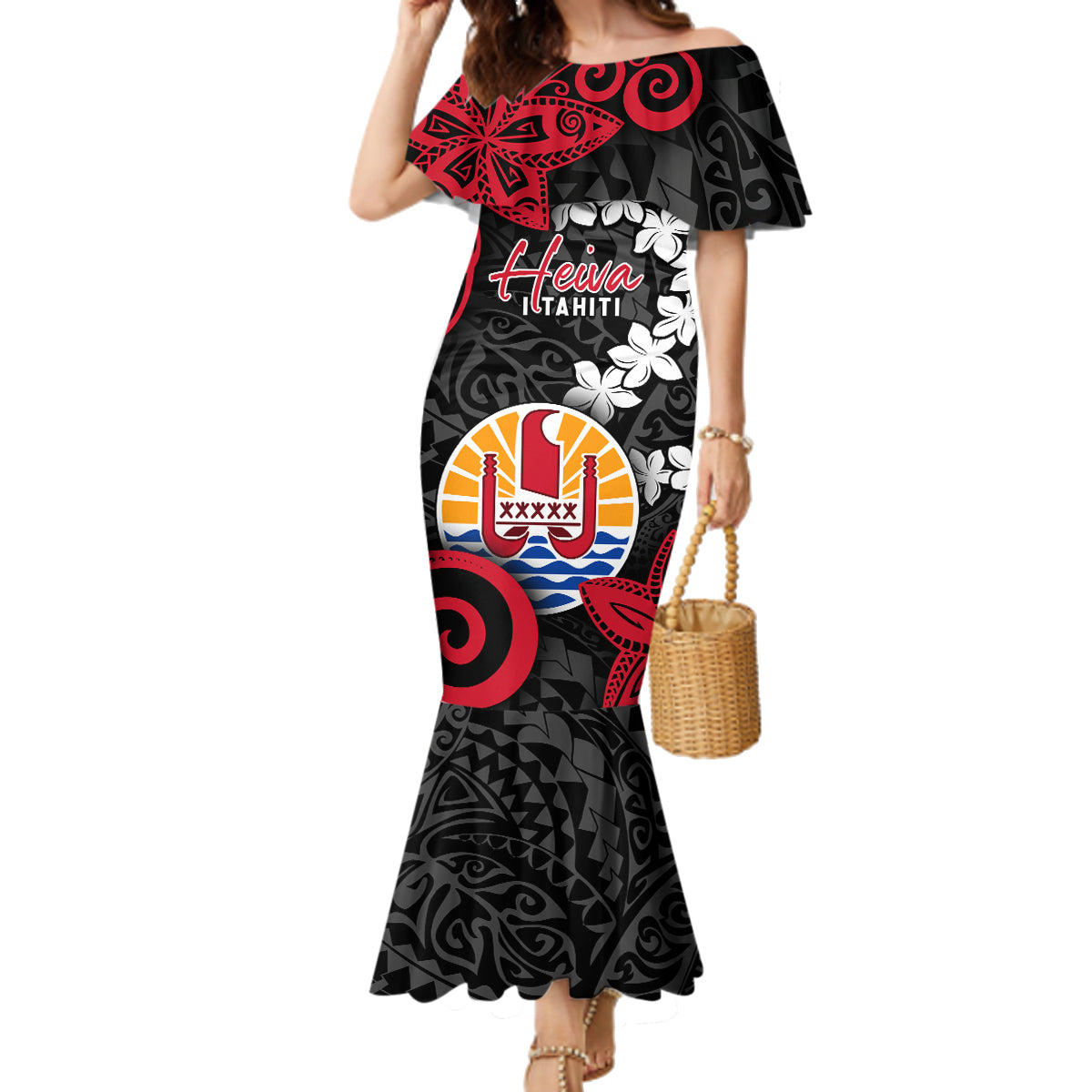 Tahiti Heiva Festival Family Matching Mermaid Dress and Hawaiian Shirt Floral Pattern With Coat Of Arms LT05 Mom's Dress Black - Polynesian Pride