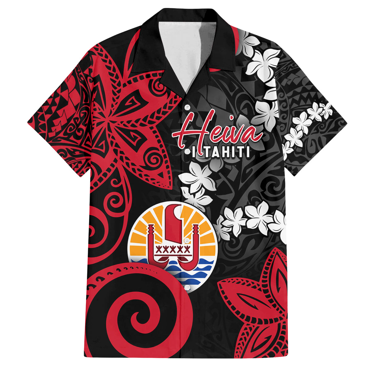 Tahiti Heiva Festival Family Matching Off The Shoulder Long Sleeve Dress and Hawaiian Shirt Floral Pattern With Coat Of Arms LT05 Dad's Shirt - Short Sleeve Black - Polynesian Pride