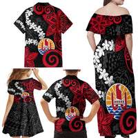 Tahiti Heiva Festival Family Matching Off Shoulder Maxi Dress and Hawaiian Shirt Floral Pattern With Coat Of Arms LT05 - Polynesian Pride