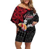 Tahiti Heiva Festival Family Matching Off Shoulder Short Dress and Hawaiian Shirt Floral Pattern With Coat Of Arms LT05 Mom's Dress Black - Polynesian Pride