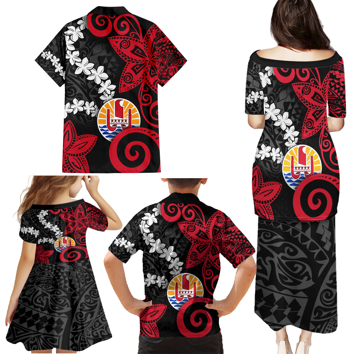 Tahiti Heiva Festival Family Matching Puletasi and Hawaiian Shirt Floral Pattern With Coat Of Arms LT05 - Polynesian Pride