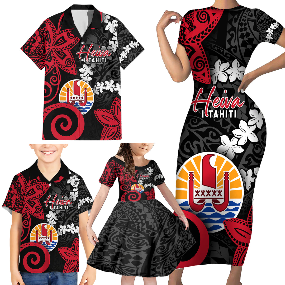 Tahiti Heiva Festival Family Matching Short Sleeve Bodycon Dress and Hawaiian Shirt Floral Pattern With Coat Of Arms LT05 - Polynesian Pride