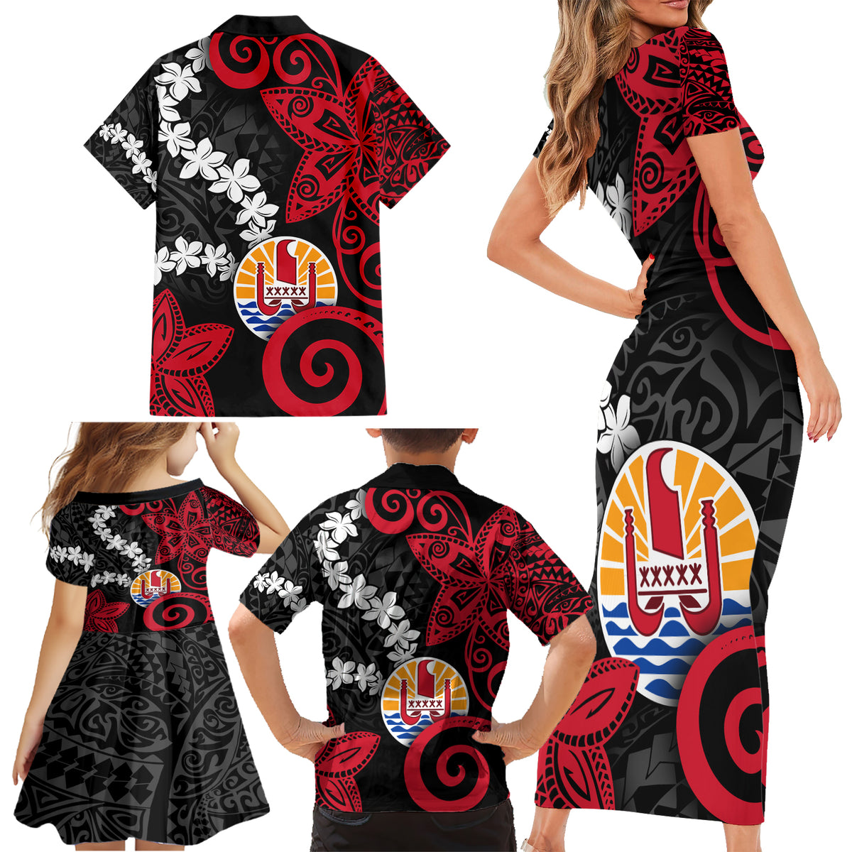 Tahiti Heiva Festival Family Matching Short Sleeve Bodycon Dress and Hawaiian Shirt Floral Pattern With Coat Of Arms LT05 - Polynesian Pride