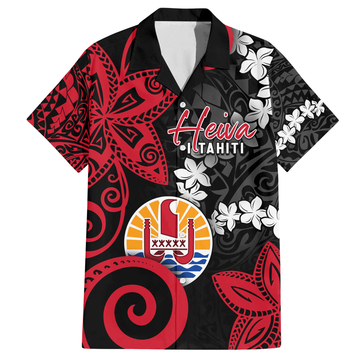 Tahiti Heiva Festival Family Matching Short Sleeve Bodycon Dress and Hawaiian Shirt Floral Pattern With Coat Of Arms LT05 Dad's Shirt - Short Sleeve Black - Polynesian Pride
