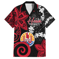 Tahiti Heiva Festival Family Matching Short Sleeve Bodycon Dress and Hawaiian Shirt Floral Pattern With Coat Of Arms LT05 Dad's Shirt - Short Sleeve Black - Polynesian Pride