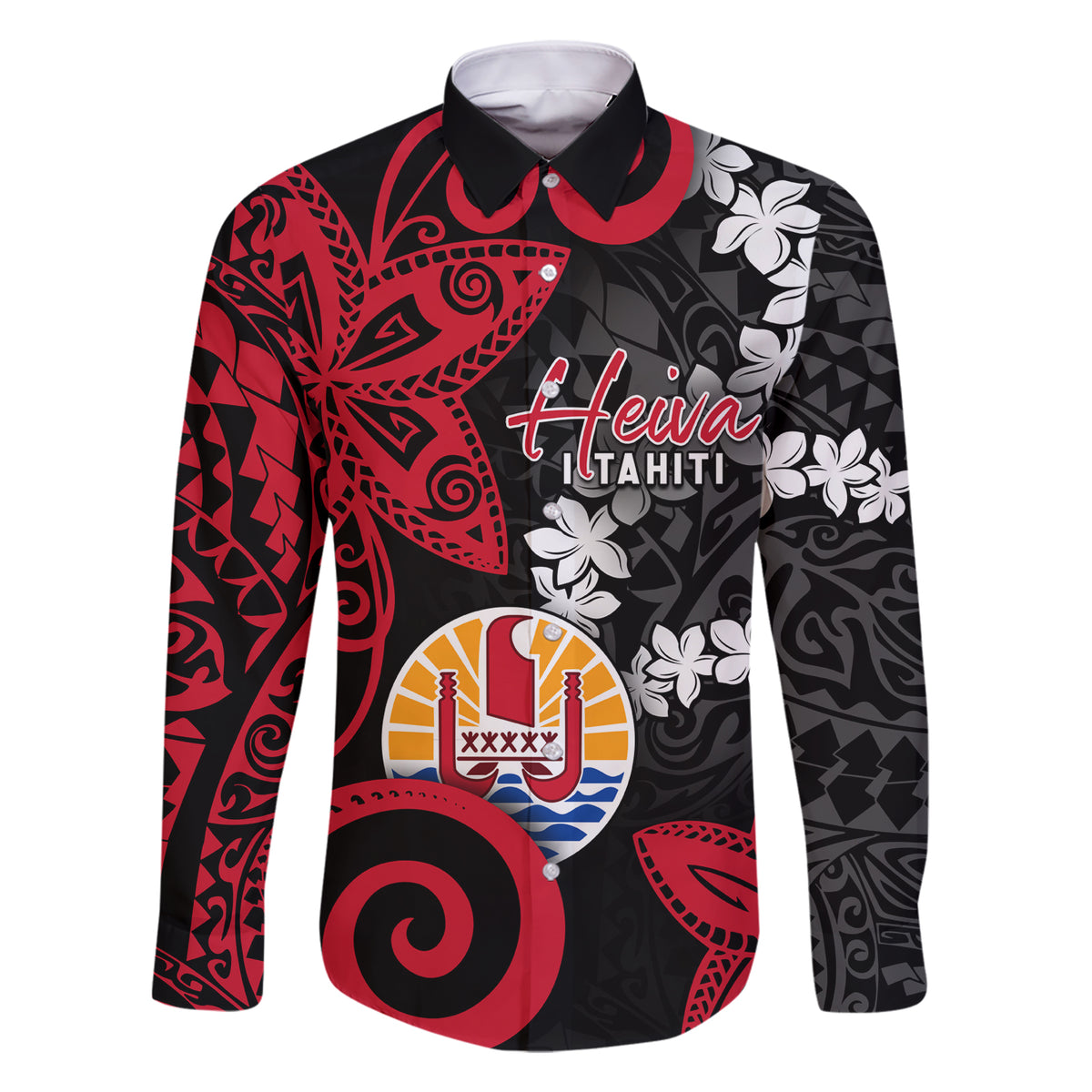 Tahiti Heiva Festival Family Matching Short Sleeve Bodycon Dress and Hawaiian Shirt Floral Pattern With Coat Of Arms LT05 Dad's Shirt - Long Sleeve Black - Polynesian Pride