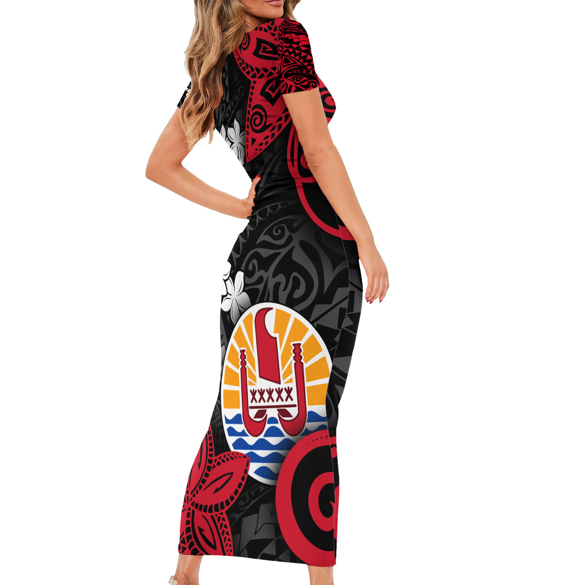 Tahiti Heiva Festival Family Matching Short Sleeve Bodycon Dress and Hawaiian Shirt Floral Pattern With Coat Of Arms LT05 - Polynesian Pride
