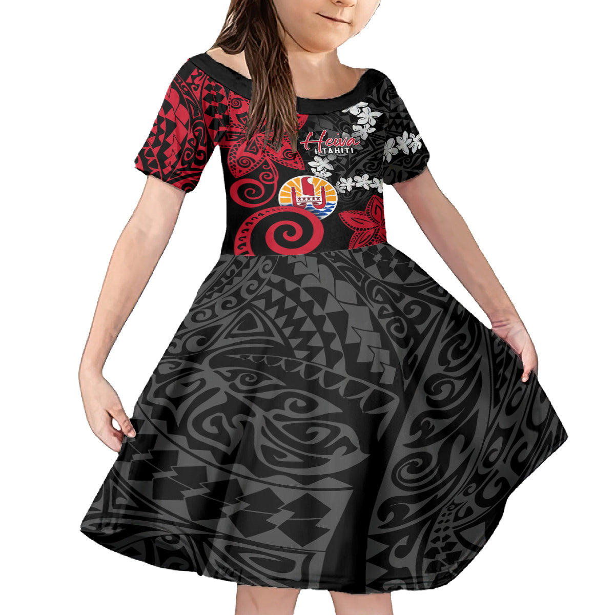 Tahiti Heiva Festival Family Matching Summer Maxi Dress and Hawaiian Shirt Floral Pattern With Coat Of Arms LT05 Daughter's Dress Black - Polynesian Pride