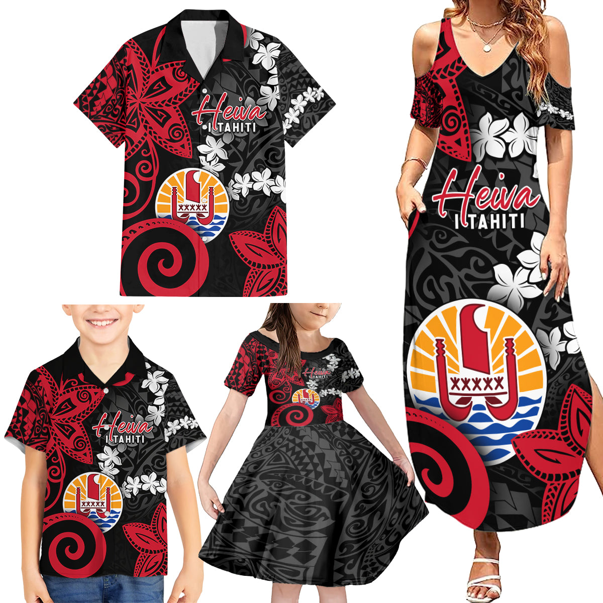 Tahiti Heiva Festival Family Matching Summer Maxi Dress and Hawaiian Shirt Floral Pattern With Coat Of Arms LT05 - Polynesian Pride