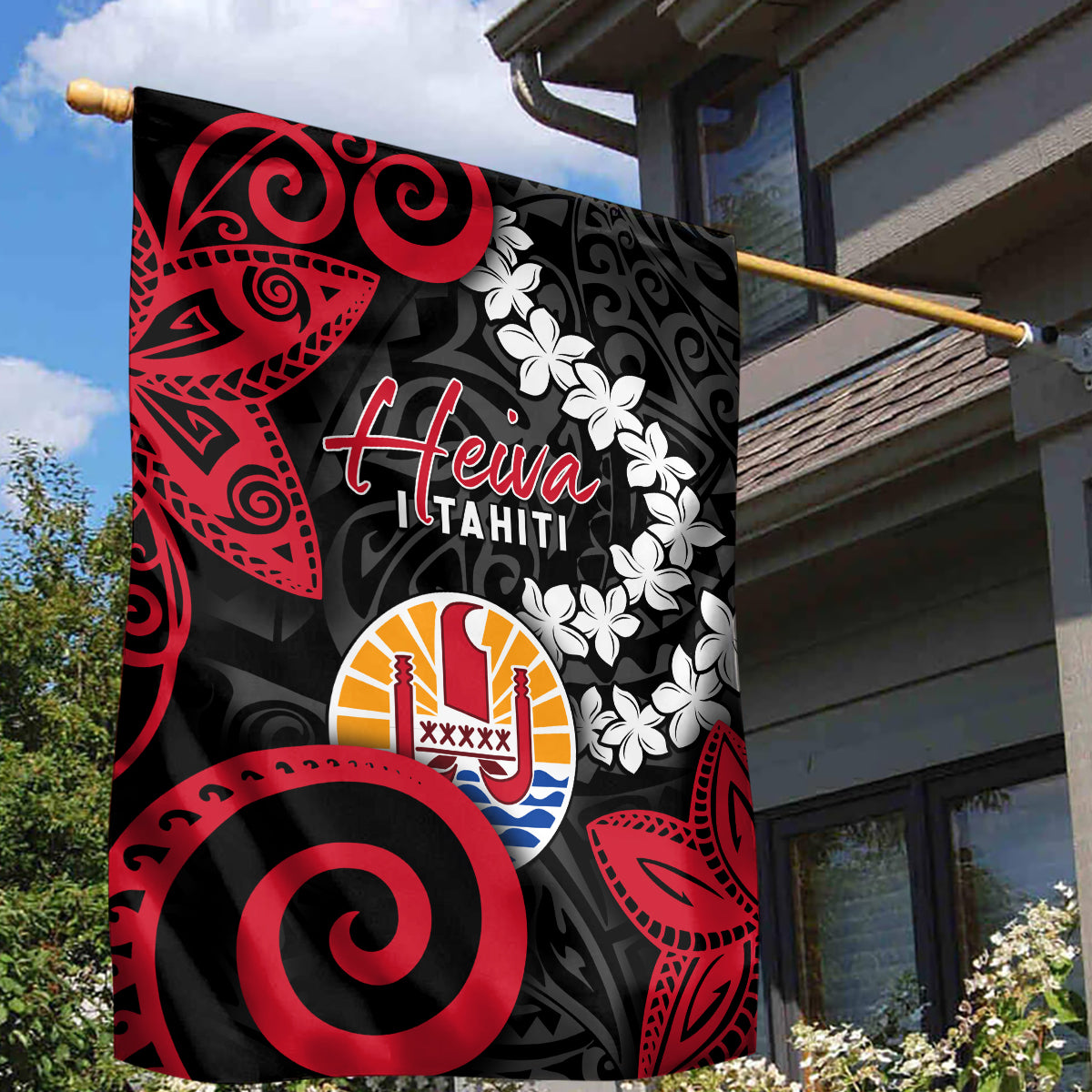 Tahiti Heiva Festival Garden Flag Floral Pattern With Coat Of Arms LT05 - Polynesian Pride