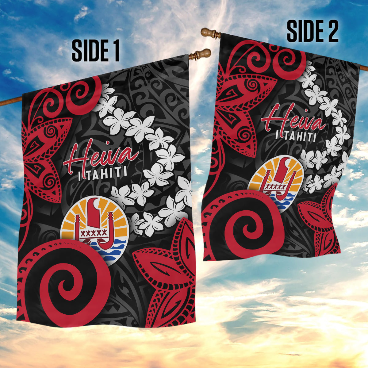 Tahiti Heiva Festival Garden Flag Floral Pattern With Coat Of Arms LT05 - Polynesian Pride