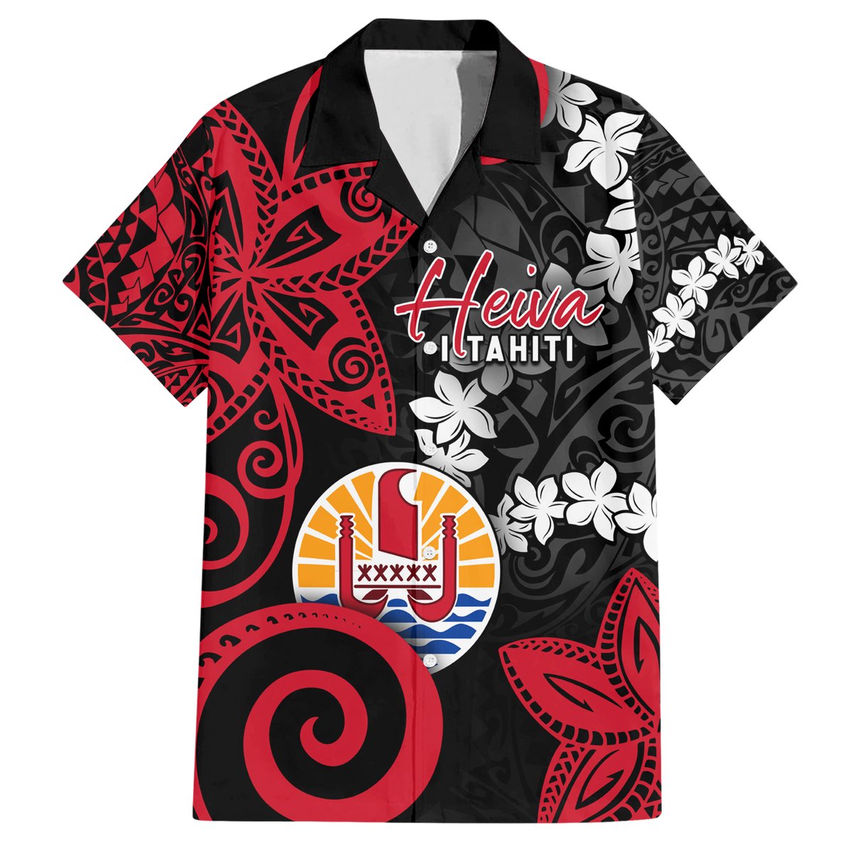 Tahiti Heiva Festival Hawaiian Shirt Floral Pattern With Coat Of Arms LT05 Black - Polynesian Pride