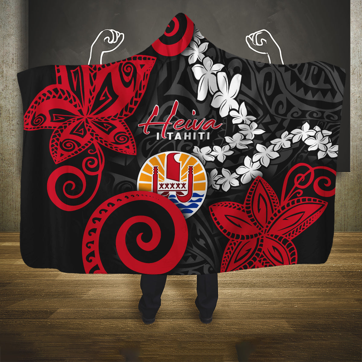 Tahiti Heiva Festival Hooded Blanket Floral Pattern With Coat Of Arms LT05 One Size Black - Polynesian Pride