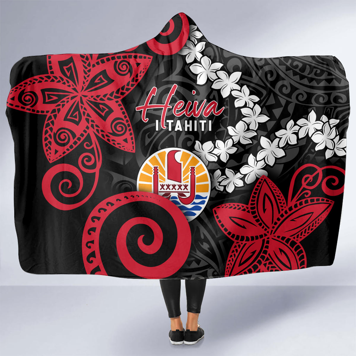 Tahiti Heiva Festival Hooded Blanket Floral Pattern With Coat Of Arms LT05 - Polynesian Pride