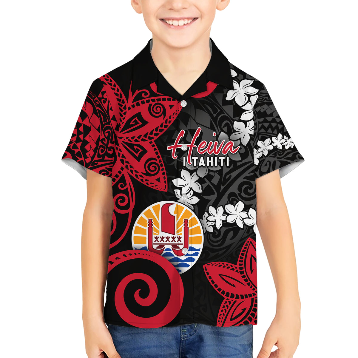 Tahiti Heiva Festival Kid Hawaiian Shirt Floral Pattern With Coat Of Arms LT05 Kid Black - Polynesian Pride