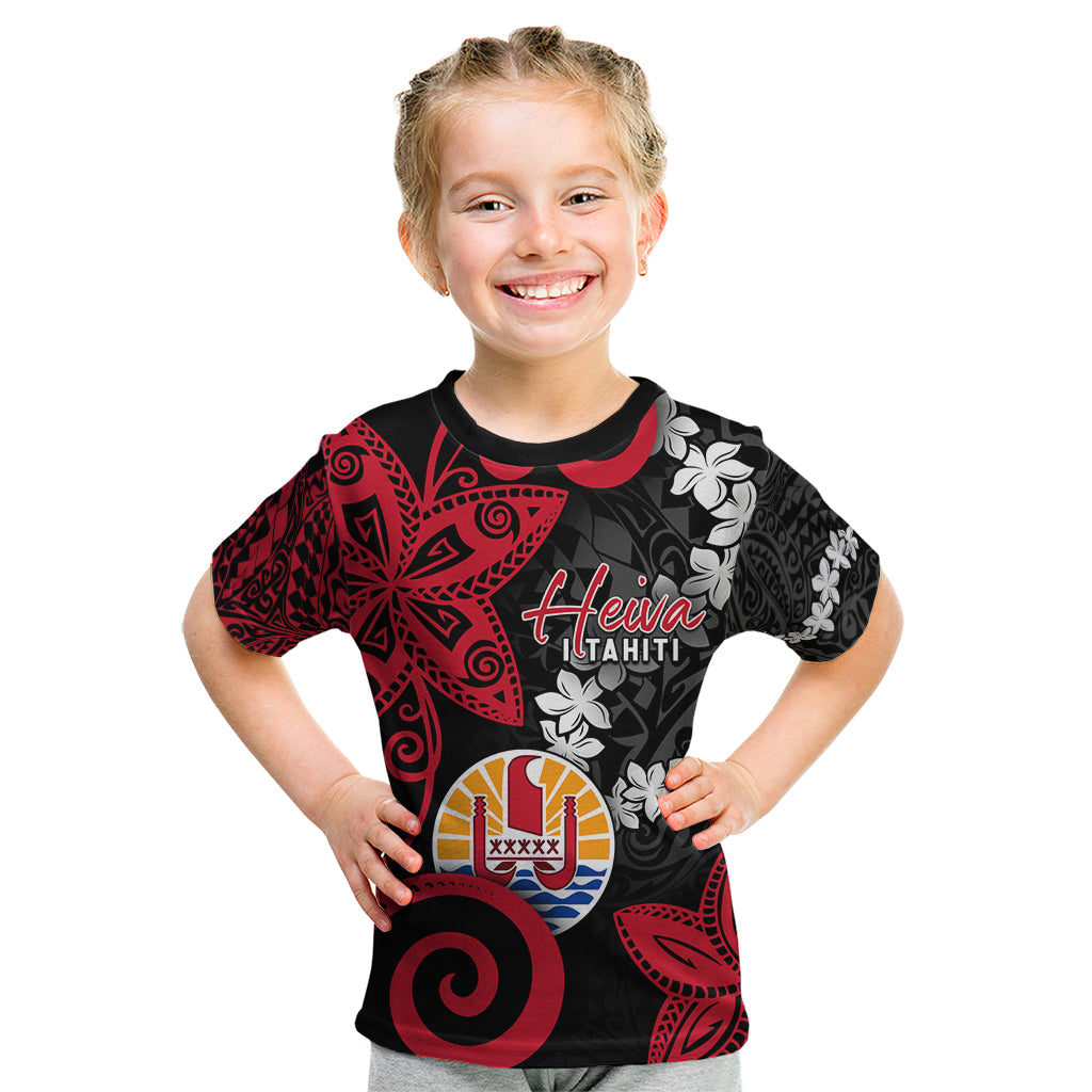 Tahiti Heiva Festival Kid T Shirt Floral Pattern With Coat Of Arms LT05 Black - Polynesian Pride