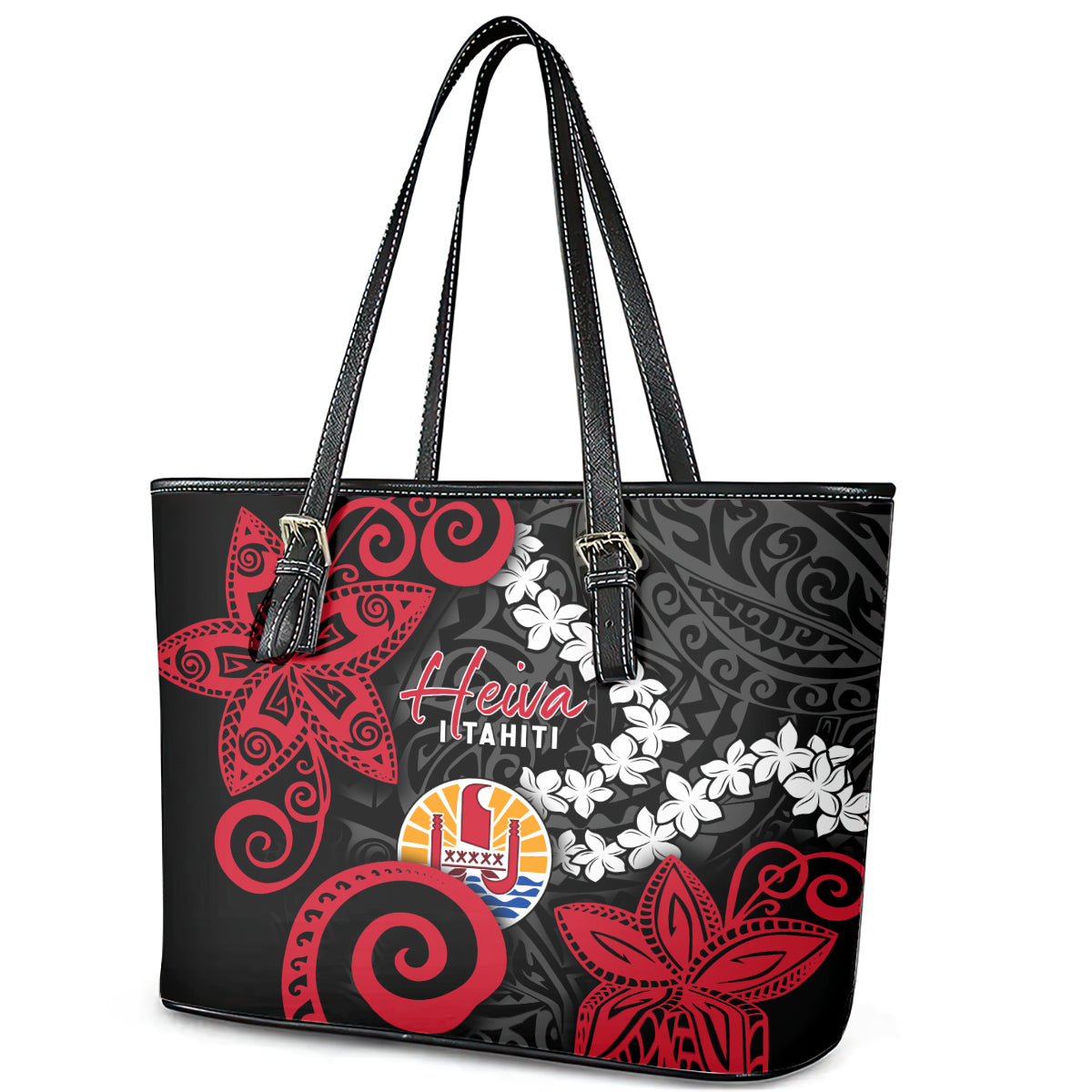 Tahiti Heiva Festival Leather Tote Bag Floral Pattern With Coat Of Arms LT05 - Polynesian Pride