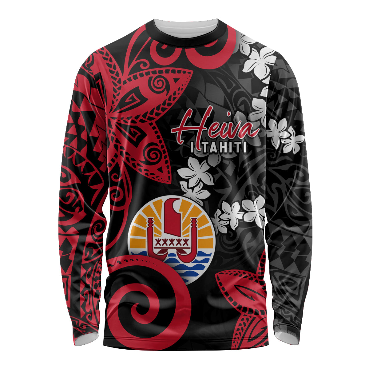 Tahiti Heiva Festival Long Sleeve Shirt Floral Pattern With Coat Of Arms LT05 Unisex Black - Polynesian Pride