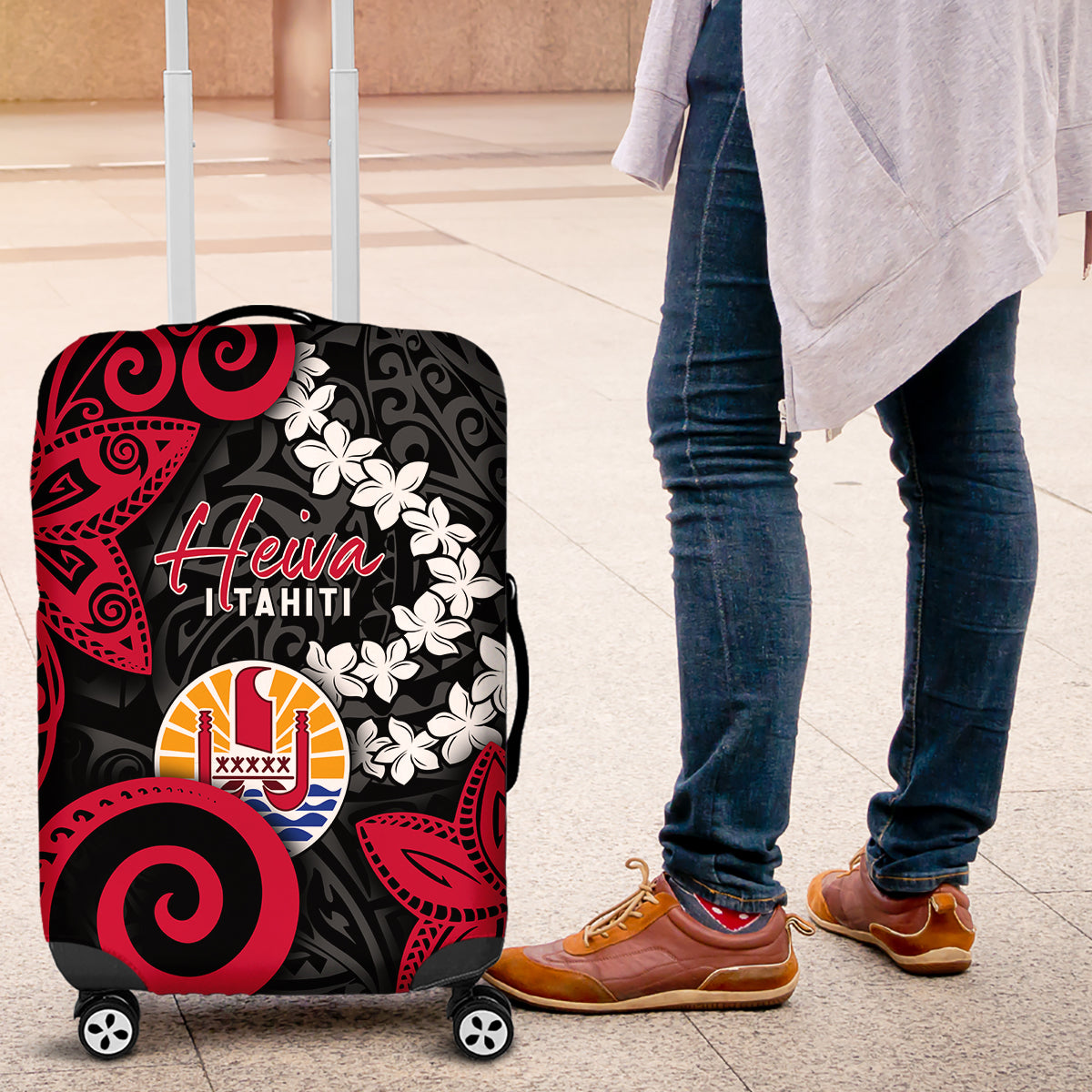 Tahiti Heiva Festival Luggage Cover Floral Pattern With Coat Of Arms LT05 Black - Polynesian Pride