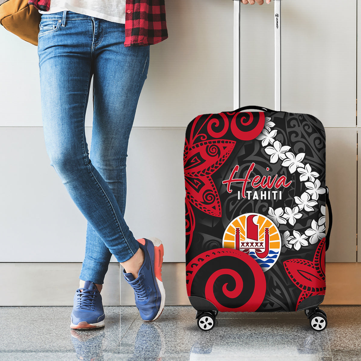 Tahiti Heiva Festival Luggage Cover Floral Pattern With Coat Of Arms LT05 - Polynesian Pride