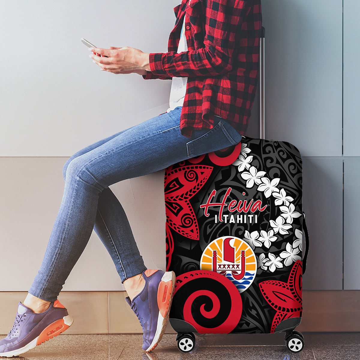 Tahiti Heiva Festival Luggage Cover Floral Pattern With Coat Of Arms LT05 - Polynesian Pride