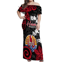 Tahiti Heiva Festival Off Shoulder Maxi Dress Floral Pattern With Coat Of Arms LT05 Women Black - Polynesian Pride
