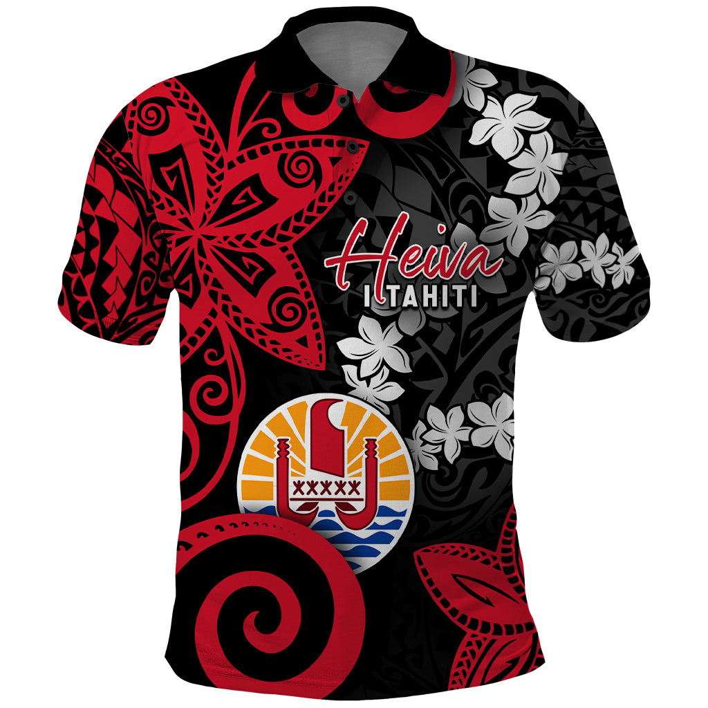 Tahiti Heiva Festival Polo Shirt Floral Pattern With Coat Of Arms LT05 Black - Polynesian Pride