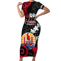 Tahiti Heiva Festival Short Sleeve Bodycon Dress Floral Pattern With Coat Of Arms LT05 Long Dress Black - Polynesian Pride