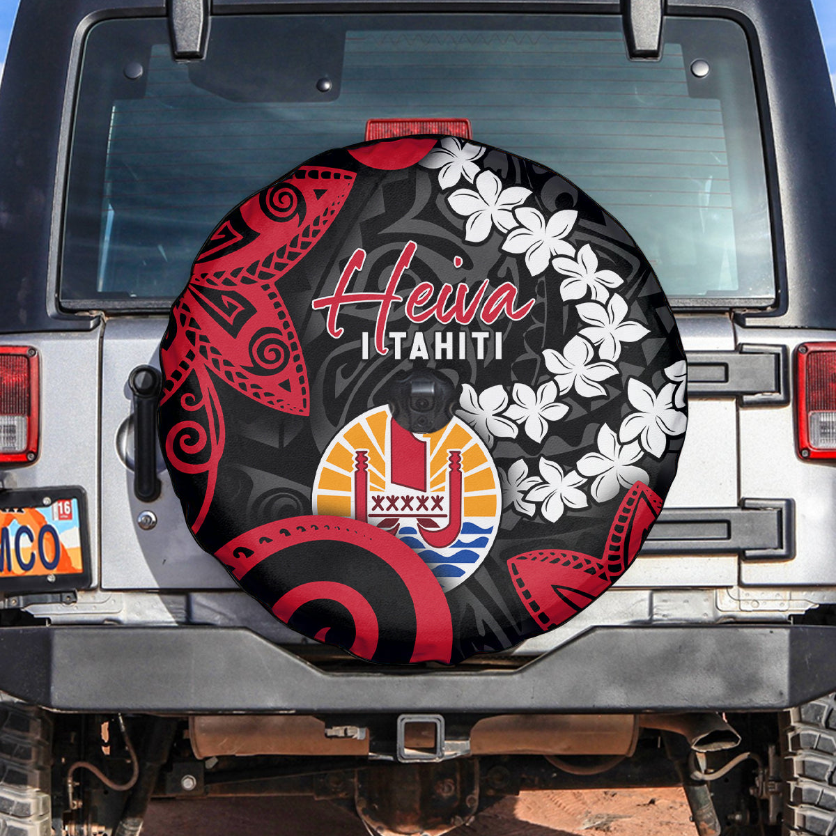 Tahiti Heiva Festival Spare Tire Cover Floral Pattern With Coat Of Arms LT05 Black - Polynesian Pride