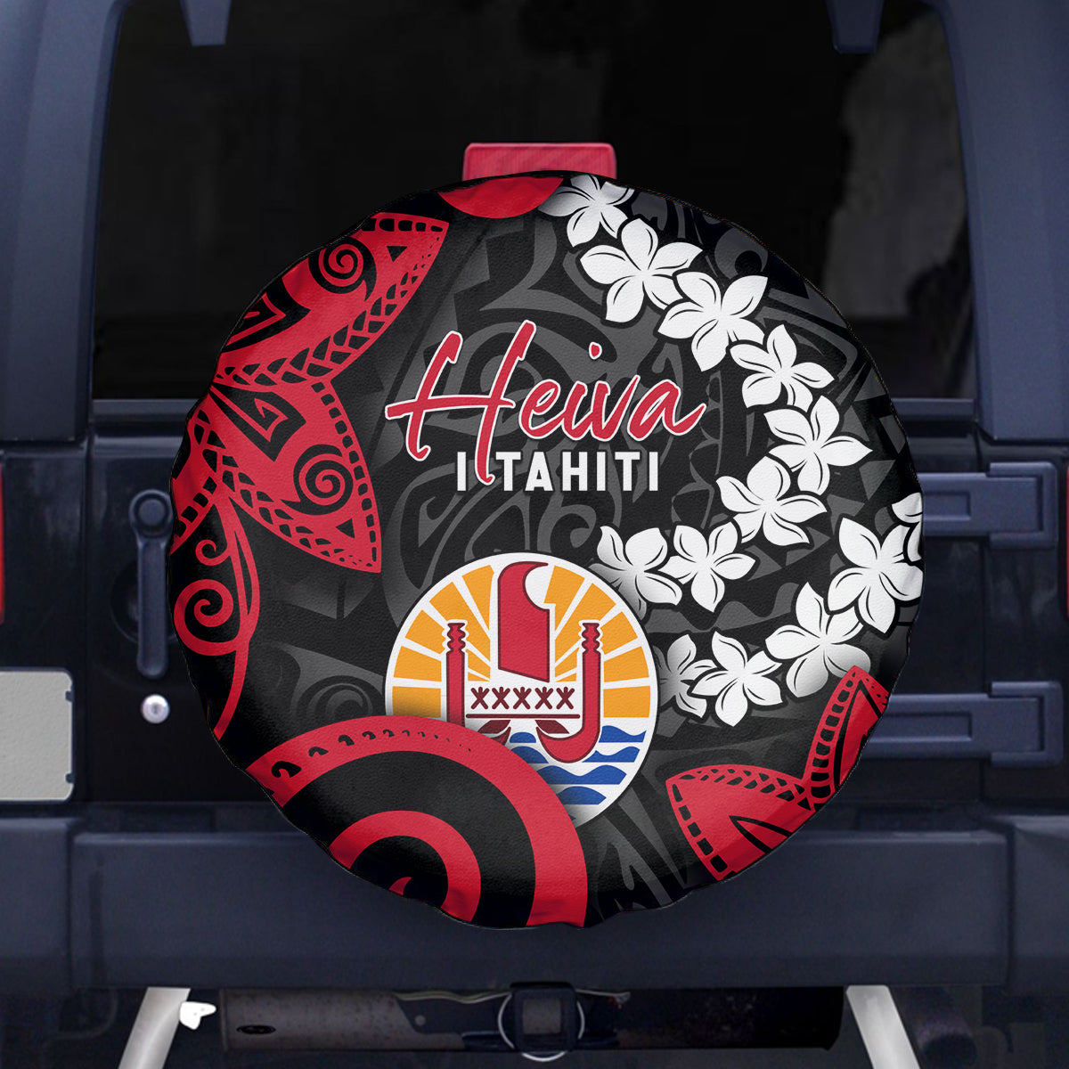 Tahiti Heiva Festival Spare Tire Cover Floral Pattern With Coat Of Arms LT05 - Polynesian Pride