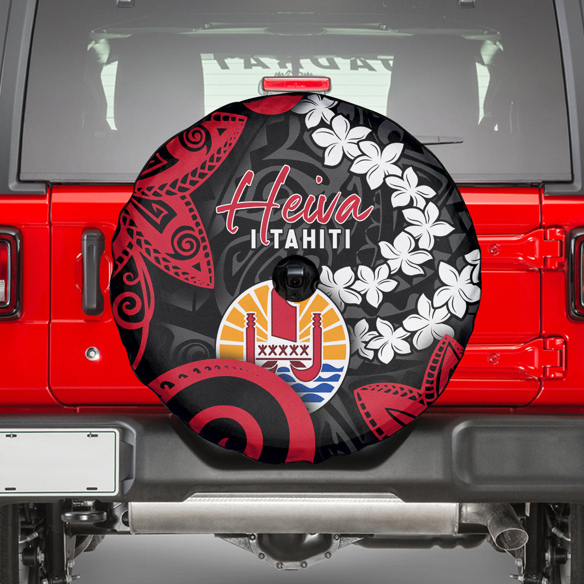 Tahiti Heiva Festival Spare Tire Cover Floral Pattern With Coat Of Arms LT05 - Polynesian Pride