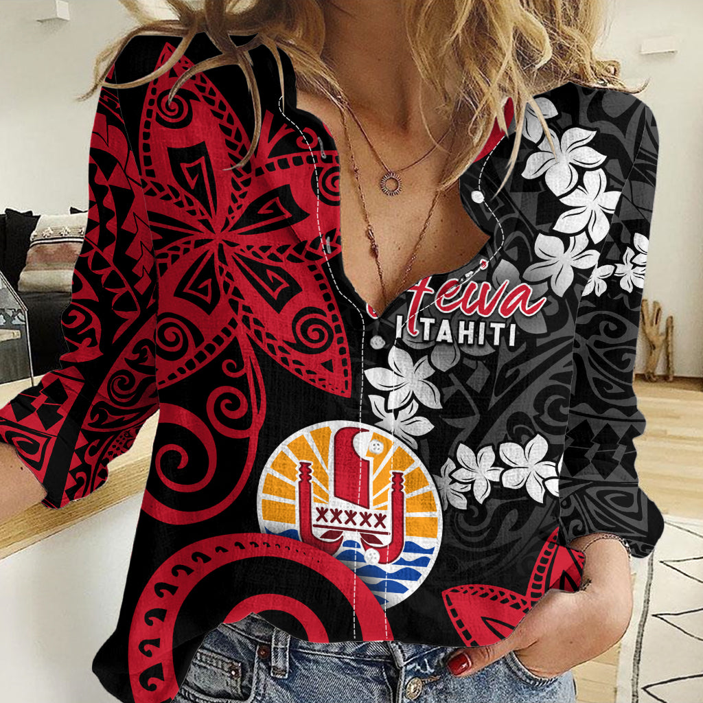Tahiti Heiva Festival Women Casual Shirt Floral Pattern With Coat Of Arms LT05 Female Black - Polynesian Pride