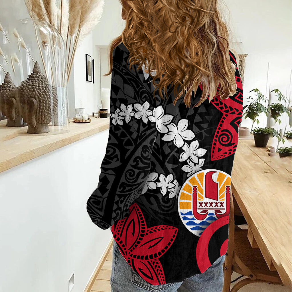 Tahiti Heiva Festival Women Casual Shirt Floral Pattern With Coat Of Arms LT05 - Polynesian Pride
