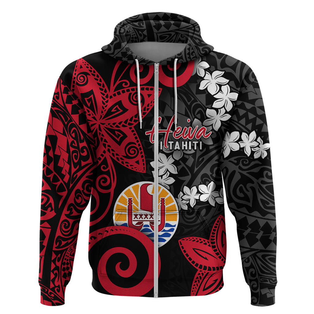 Tahiti Heiva Festival Zip Hoodie Floral Pattern With Coat Of Arms LT05 Zip Hoodie Black - Polynesian Pride