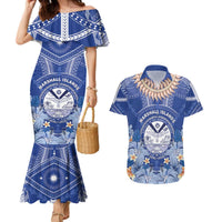Marshall Islands Jemenei Day Couples Matching Mermaid Dress and Hawaiian Shirt Polynesian Tribal Tattoo Seashell Necklace LT05 Blue - Polynesian Pride