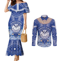 Marshall Islands Jemenei Day Couples Matching Mermaid Dress and Long Sleeve Button Shirt Polynesian Tribal Tattoo Seashell Necklace LT05 Blue - Polynesian Pride