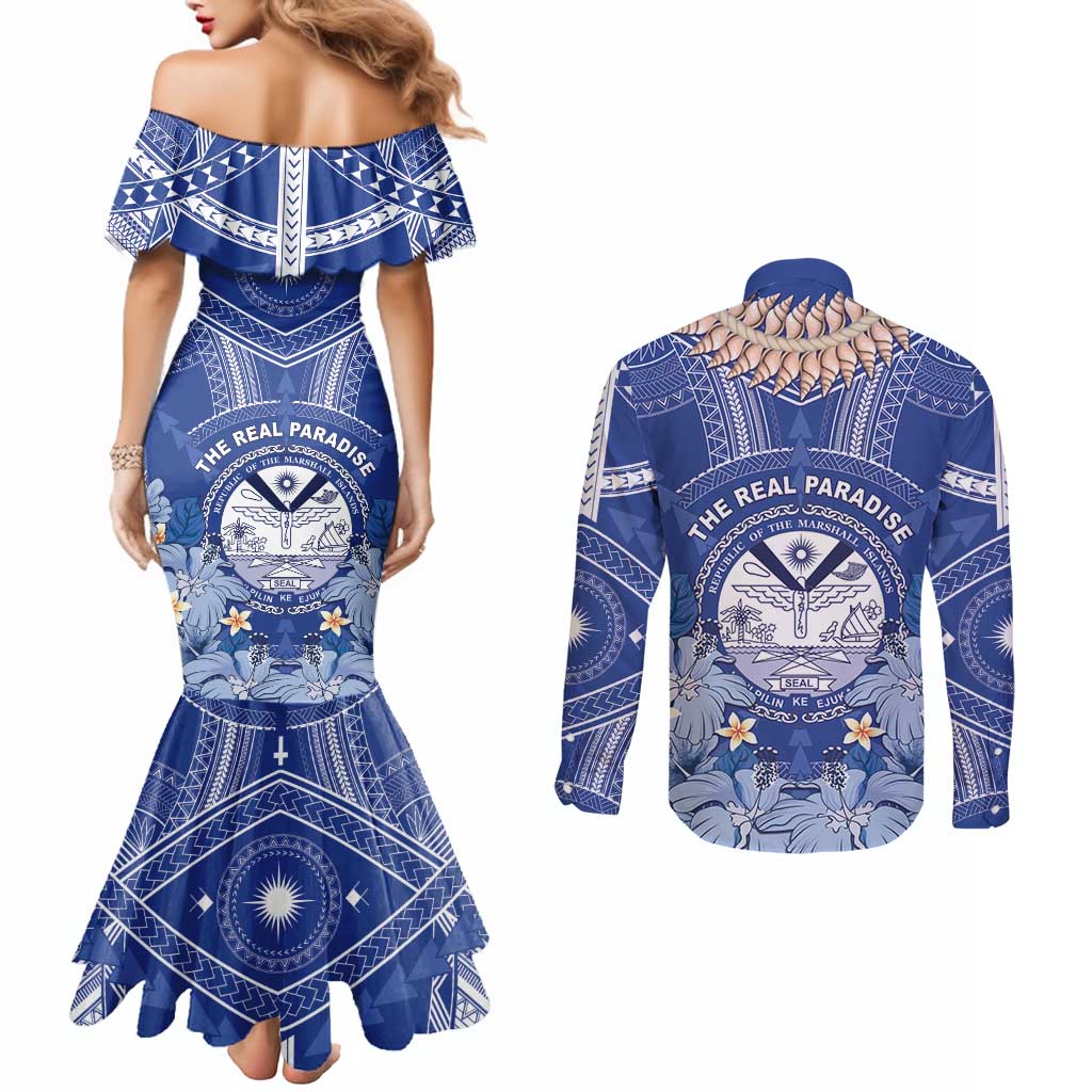 Marshall Islands Jemenei Day Couples Matching Mermaid Dress and Long Sleeve Button Shirt Polynesian Tribal Tattoo Seashell Necklace LT05 - Polynesian Pride