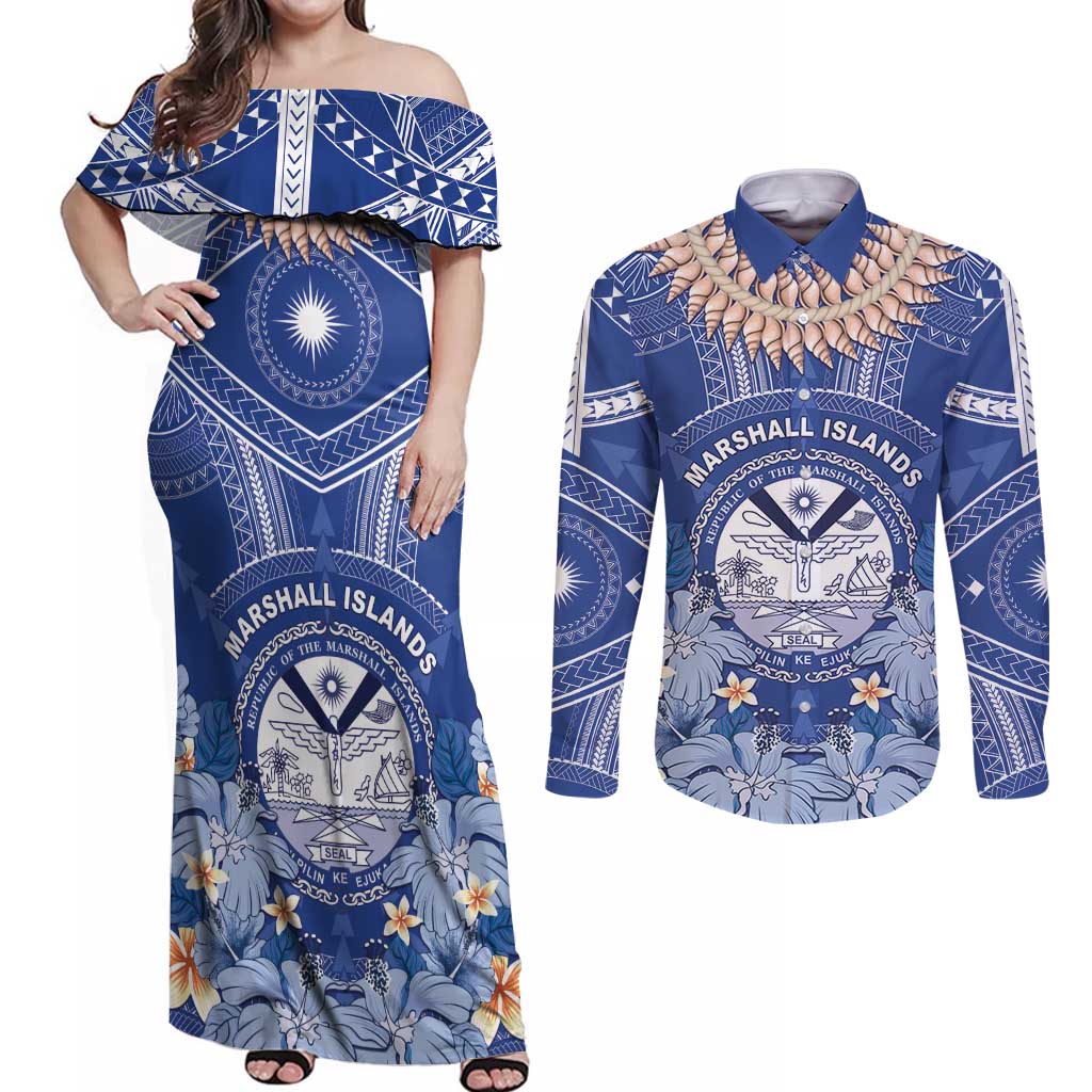 Marshall Islands Jemenei Day Couples Matching Off Shoulder Maxi Dress and Long Sleeve Button Shirt Polynesian Tribal Tattoo Seashell Necklace LT05 Blue - Polynesian Pride