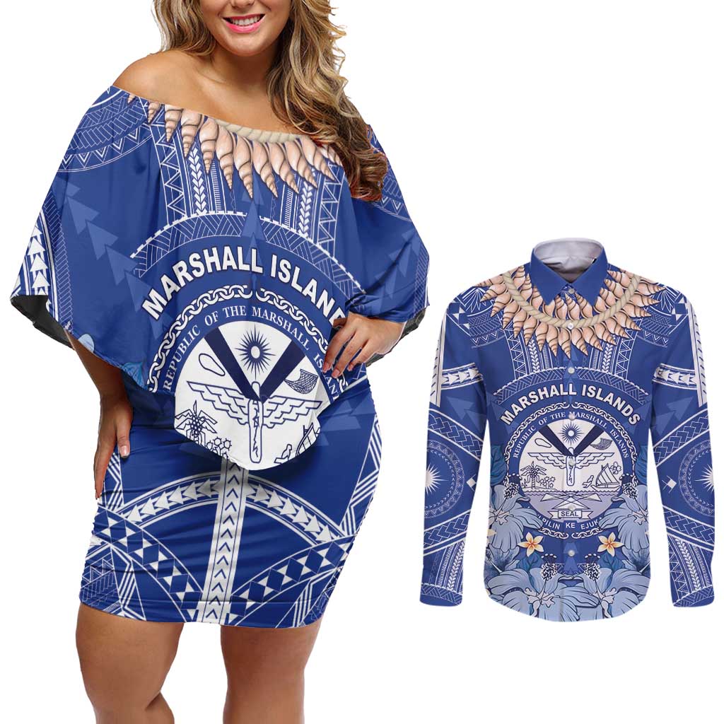 Marshall Islands Jemenei Day Couples Matching Off Shoulder Short Dress and Long Sleeve Button Shirt Polynesian Tribal Tattoo Seashell Necklace LT05 Blue - Polynesian Pride