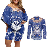 Marshall Islands Jemenei Day Couples Matching Off Shoulder Short Dress and Long Sleeve Button Shirt Polynesian Tribal Tattoo Seashell Necklace LT05 Blue - Polynesian Pride