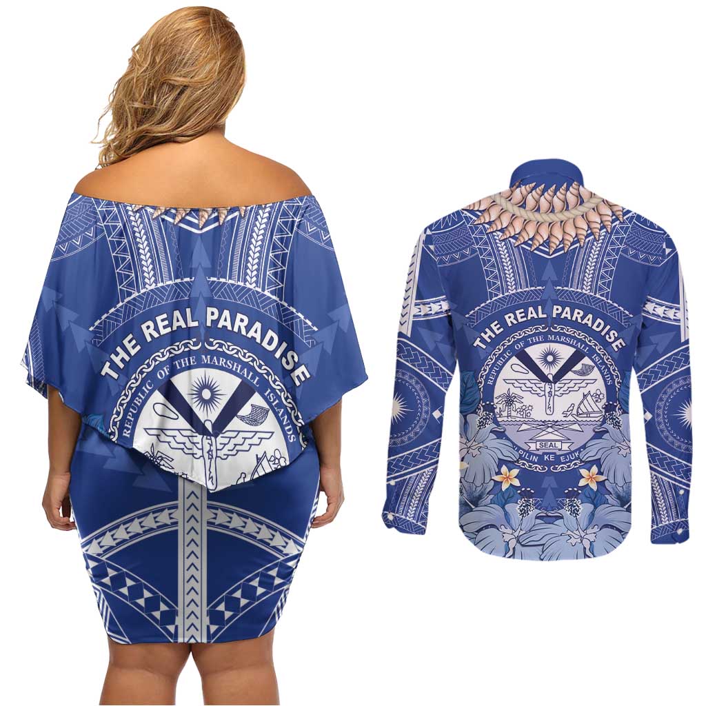 Marshall Islands Jemenei Day Couples Matching Off Shoulder Short Dress and Long Sleeve Button Shirt Polynesian Tribal Tattoo Seashell Necklace LT05 - Polynesian Pride