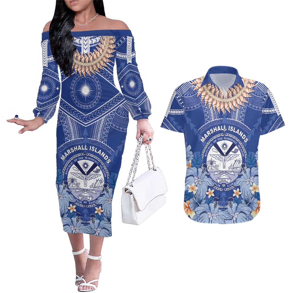 Marshall Islands Jemenei Day Couples Matching Off The Shoulder Long Sleeve Dress and Hawaiian Shirt Polynesian Tribal Tattoo Seashell Necklace LT05 Blue - Polynesian Pride