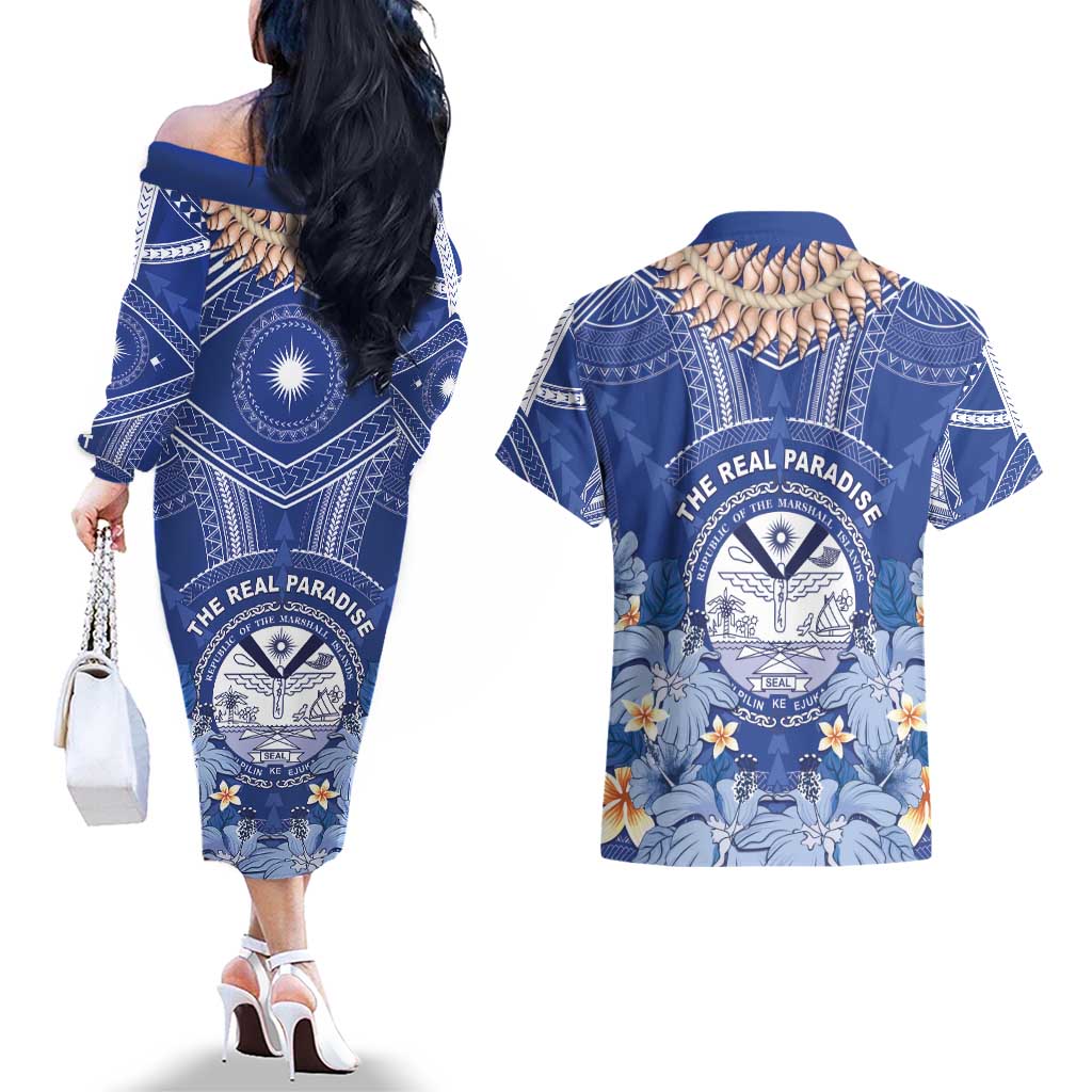 Marshall Islands Jemenei Day Couples Matching Off The Shoulder Long Sleeve Dress and Hawaiian Shirt Polynesian Tribal Tattoo Seashell Necklace LT05 - Polynesian Pride