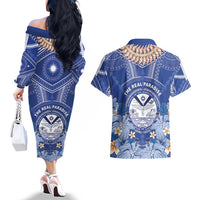 Marshall Islands Jemenei Day Couples Matching Off The Shoulder Long Sleeve Dress and Hawaiian Shirt Polynesian Tribal Tattoo Seashell Necklace LT05 - Polynesian Pride
