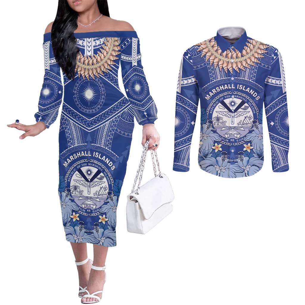 Marshall Islands Jemenei Day Couples Matching Off The Shoulder Long Sleeve Dress and Long Sleeve Button Shirt Polynesian Tribal Tattoo Seashell Necklace LT05 Blue - Polynesian Pride